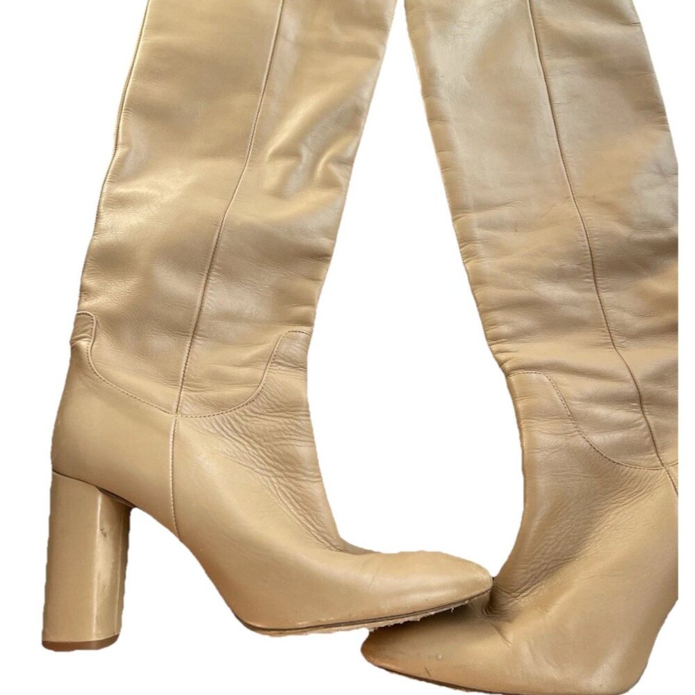 Zara Beige Leather Knee-High Heeled Boots